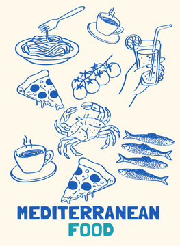 Hand Drawn Mediterranean Food Vector Set - Gourmet Cuisine & Coastal Lifestyle Icons