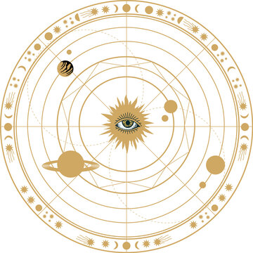 Golden Celestial Galaxy Star Map with Planetary Orbits and Sun.