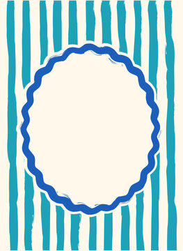Scalloped Oval Frame on Blue Pinstripe Background - Coastal Grandmillennial Border