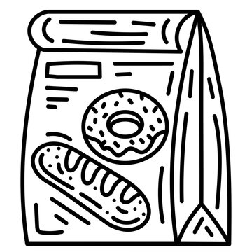 Outline bakery paper bag with donut, baguette, and takeaway food packaging.
