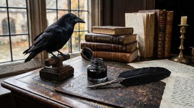 Black raven perched on vintage desk with feather quill inkwell and antique books by gothic window