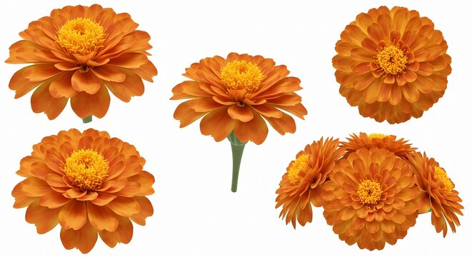 Isolated orange zinnia flower heads collection with white