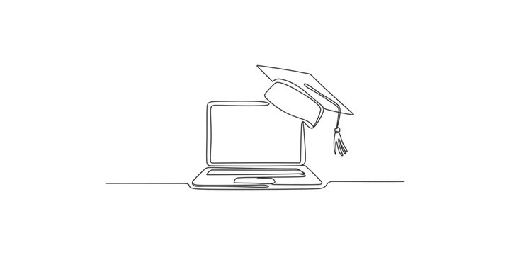 A minimalist line drawing of a graduation cap on a laptop computer symbolizing online education and learning