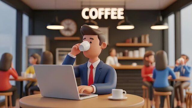 Animated man drinking coffee working on laptop in cafe interior
