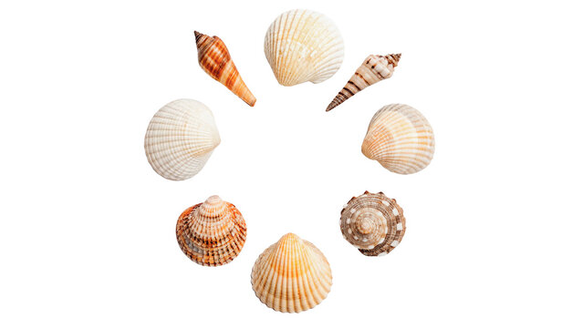 Various beautiful sea shells  layout circle composition isolated on transparent background
