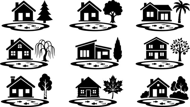 Various house by water icons with different trees such as pine palm weeping willow apple maple birch and bushes for real estate property and landscape design concepts.
