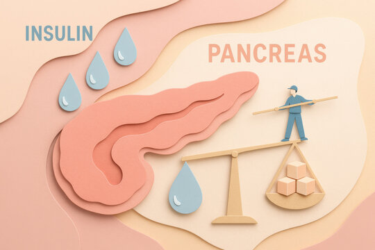 Stylized pancreas function concept with insulin droplets and tiny technician. This modern medical illustration shows balance of sugar and hormone regulation for good health
