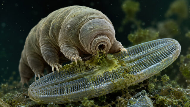 Fascinating microscopic tardigrade gripping diatom frustule. This tiny water bear, resilient organism, seen feeding on algae, glimpse into wildlife biology and nature