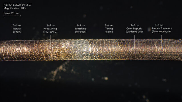 Fascinating scientific microscope trichology analysis of hair strand evidence showing chemical treatment timeline including natural heat styling bleaching toning color dye and protein structure