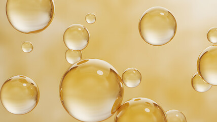 Fototapeta premium Macro photograph of translucent golden oil bubbles or collagen gel droplets floating on a warm yellow background. Luxury cosmetic, serum, and anti-aging concept.