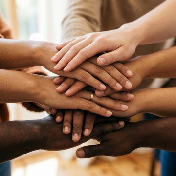 Close-up of diverse hands of different skin tones stacked together in unity gesture
