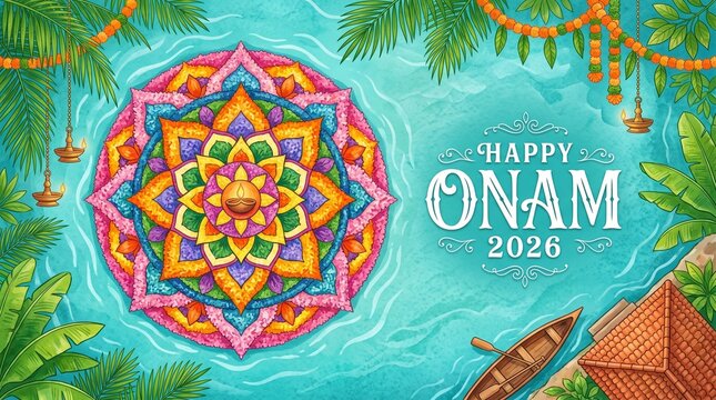 Happy onam 2026  pookalam festival background design water kerala backwater illustration vector art flower rangoli tradition culture holiday