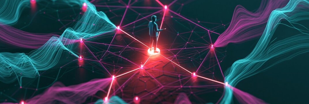 Isometric 3D render of a cyber defense analyst isolating a glowing malicious payload node in a complex detection graph set against a neon teal and magentalit dark network backdrop