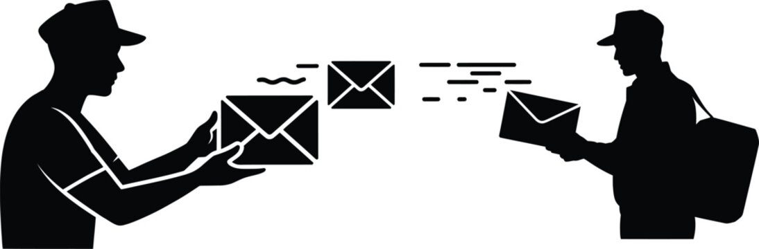 Mail carriers exchanging envelopes silhouette set with envelope delivery silhouette communication