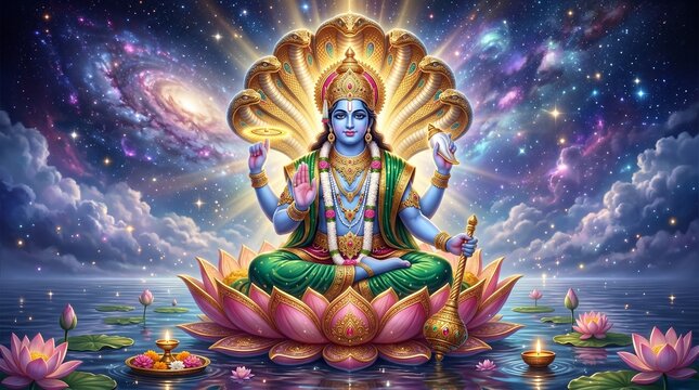 Lord Vishnu on Lotus Sheshnag Cosmic Banner
