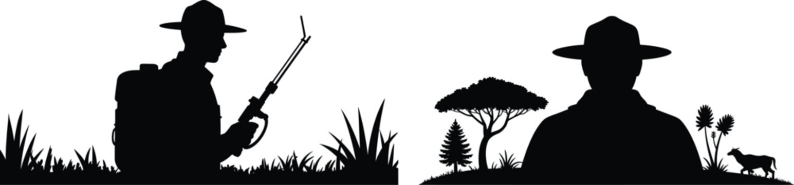 Park ranger silhouette in nature and wildlife conservation scene with wildlife, conservation