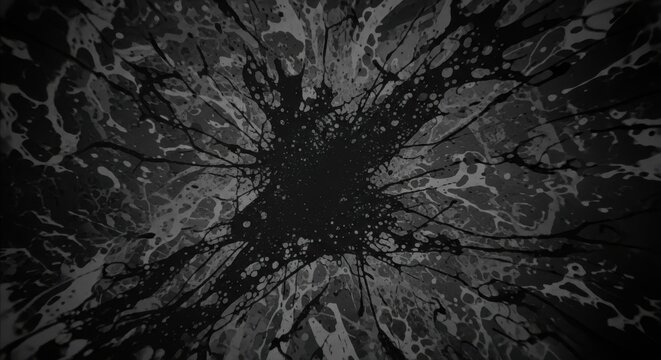 Matte charcoal paper with dark ink splatters creating an abstract explosive pattern