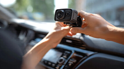 Naklejka premium Driver installing a high-tech dashboard camera inside a modern vehicle, securing the dashcam to the windshield to enhance road safety, trip recording, and driving protection,