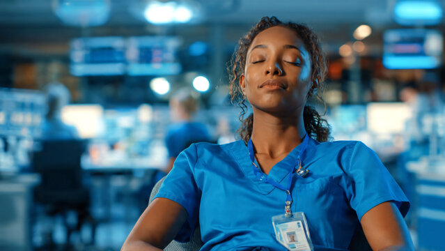Dedicated young nurse taking a short break after intensive patient care duties in a modern hospital, sitting with eyes gently closed and hands resting calmly, conveying fatigue.
