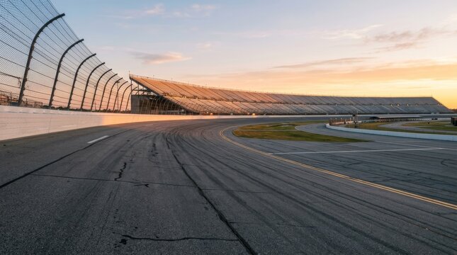 Realistic image of oval racetrack from inside turn banking, high resolution photorealistic racing scene with dramatic lighting and sharp detail
