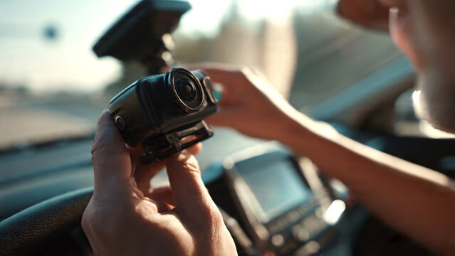 Driver installing a high-tech dashboard camera inside a modern vehicle, securing the dashcam to the windshield to enhance road safety, trip recording, and driving protection,