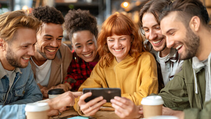 Fototapeta premium Group of cheerful friends sitting in a contemporary café, looking at a smartphone screen and reacting with smiles and laughter while browsing social media content together, modern coffee shop.