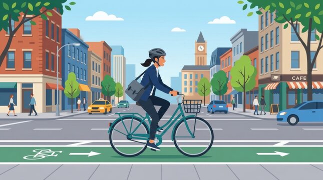 Flat illustration of person cycling to work through city street, photorealistic high resolution image with authentic natural lighting and composition