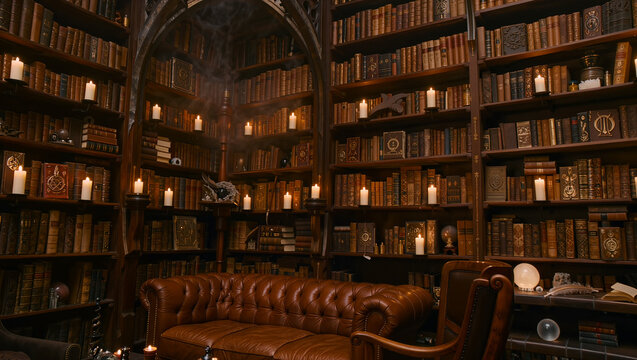 Ancient Library with Candles and Vintage Furniture - Old Books and Mysterious Ambiance