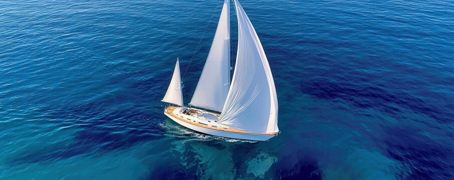 Aerial view of a white sailboat sailing on deep blue ocean with full white sails