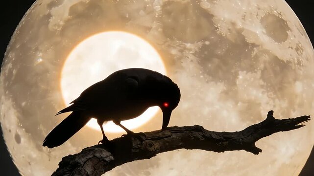 Spooky Halloween background with a silhouette of a crow and a massive full moon