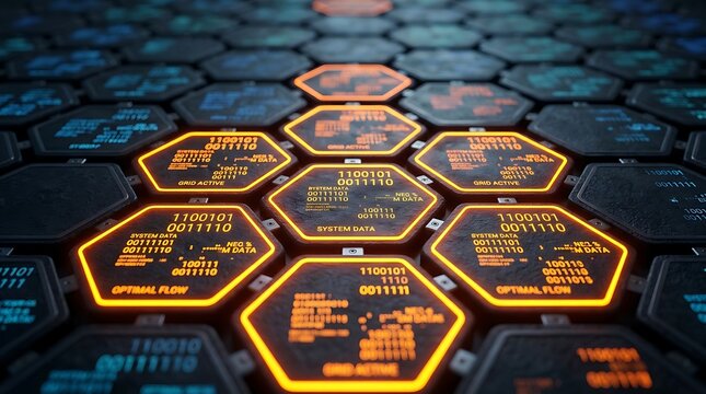 Futuristic hexagonal data grid featuring glowing orange neon binary code and digital information flow on dark metallic textured surface for advanced computing concepts