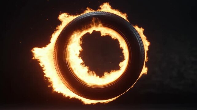 Slow motion rotation of burning tire spinning and hovering over concrete studio floor with glowing flames sparks and dramatic shadowed background