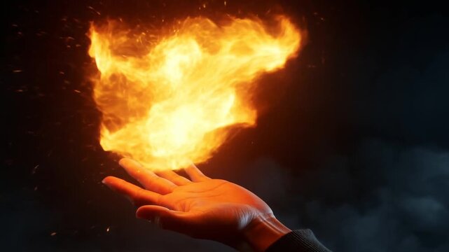 Slow motion close up of hand conjuring a fireball over dark smoky background with flickering sparks and glowing embers