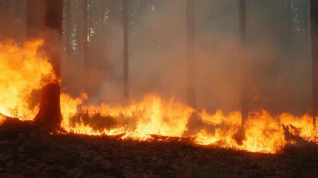 Tracking shot of ground fire spreading through pine forest under heavy smoke with flames consuming underbrush and tree trunks