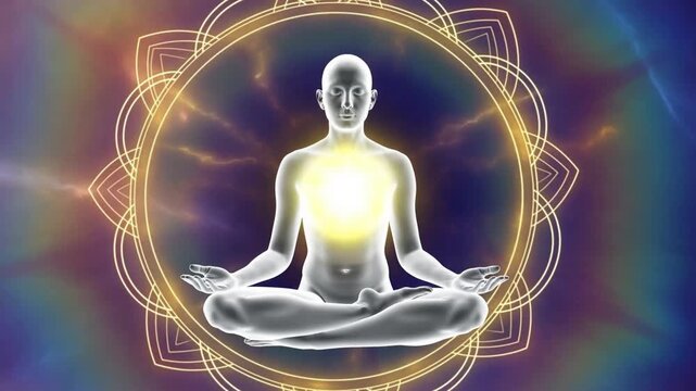 Slow zoom of ethereal meditating figure with glowing heart chakra levitating inside geometric mandala in cosmic nebula background