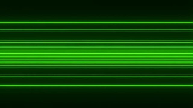 Panning shot of horizontal green neon light streaks sliding across dark studio background with glowing bands and rhythmic motion
