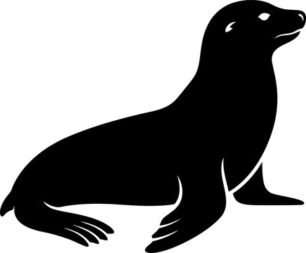 Black silhouette of a seal sitting on ice or ground looking ahead