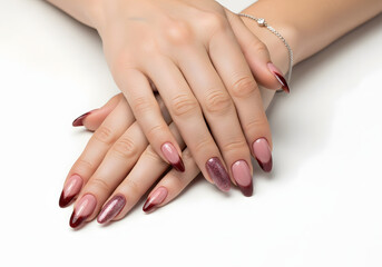 Naklejka premium Perfectly manicured female hands with a stylish red and natural French tip nail design, emphasizing beauty, modern elegance, and meticulous cosmetic care on a bright white background