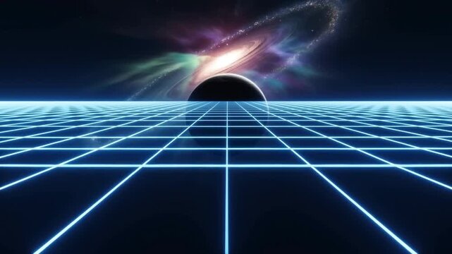 Tracking shot of neon grid floor advancing toward silhouetted planet and swirling galaxy on distant horizon in retro futuristic virtual landscape