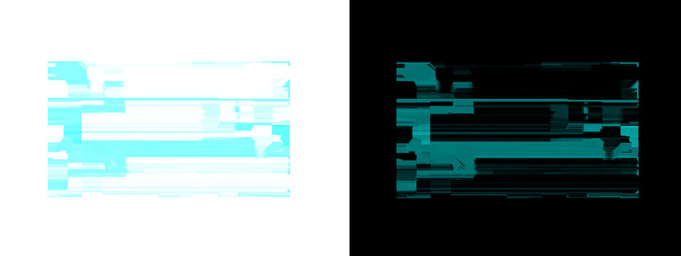 Cyan Digital Arrow Glitch Block and Interface Elements Abstract on White and Black Background