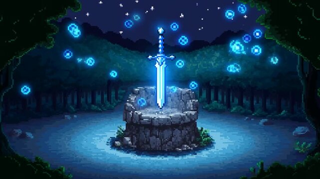 Static shot of glowing sword emerging from stone well with drifting blue orbs in moonlit pixel art forest clearing at night