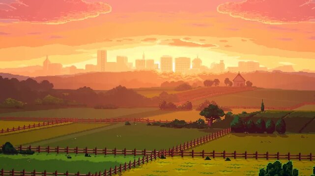 Panning slow tracking shot of rural fields revealing distant city skyline with farmhouse fences and rolling hills at sunset in pixel art