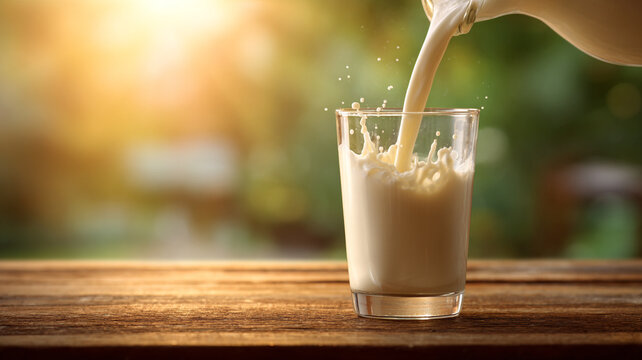 milk pouring smoothly into glass, minimal splash, clean composition, soft warm lighting, warm natural sunlight, wooden table surface