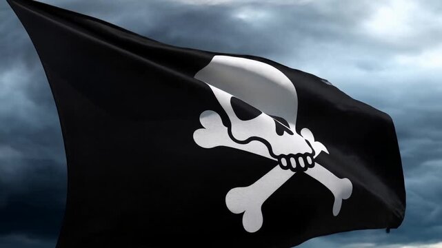 Panning slow motion view of pirate skull and crossbones flag waving on mast against stormy sky over open sea horizon