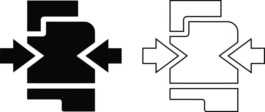 Compression vector icon set features abstract shapes being pushed together by inward arrows in both a solid black silhouette and line outline for data reduction design.