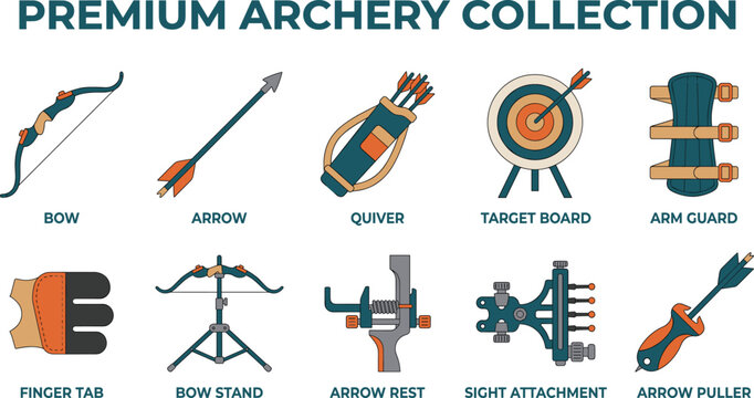 Archery Equipment Collection Vector Set Featuring Bow Arrow Quiver Target and Professional Accessories