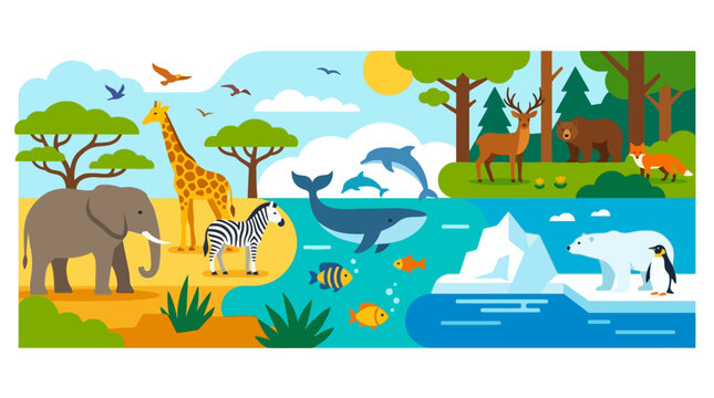 Colorful cartoon animals in habitat.