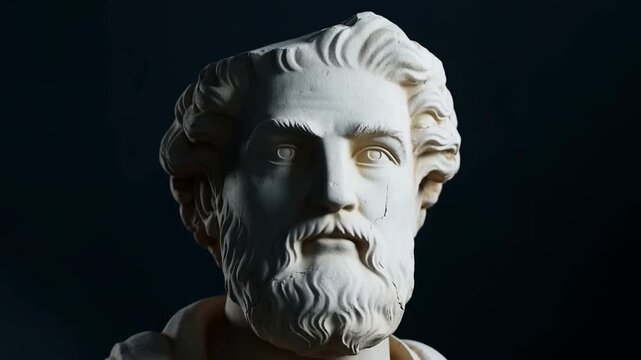 Slow dolly in of marble bust rotating into brighter frontal view revealing facial details in dark studio interior setting