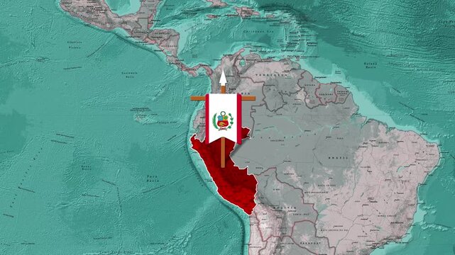 Peruvian flag superimposed on a South American map showing geographic detail and national borders