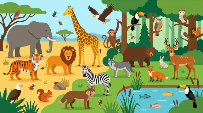 Colorful cartoon animals in savannah.